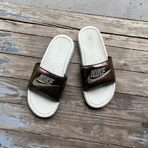 Metallic purple nike slides